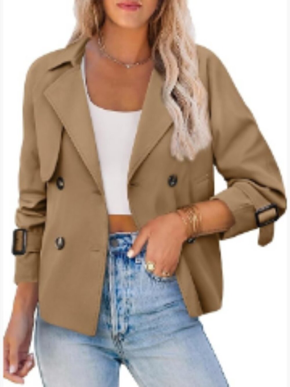 Cropped Trench Coat Double Breasted Casual Jacket 100% Polyester
